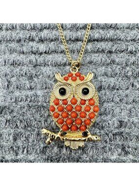 Vintage Owl Long Pendant Necklace Orange Beads Gold Tone Statement Whimsical Y2K